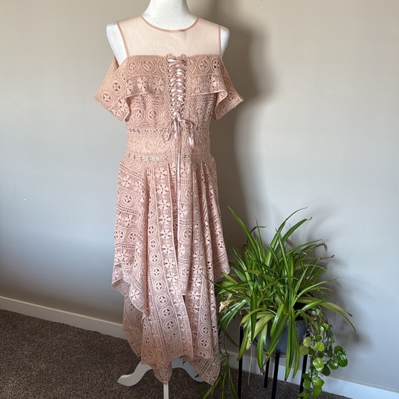 Venus NWOT Lace Nude Women’s Dress Sz 14 punk cottagecore fairy summer boho Tan - Picture 1 of 9
